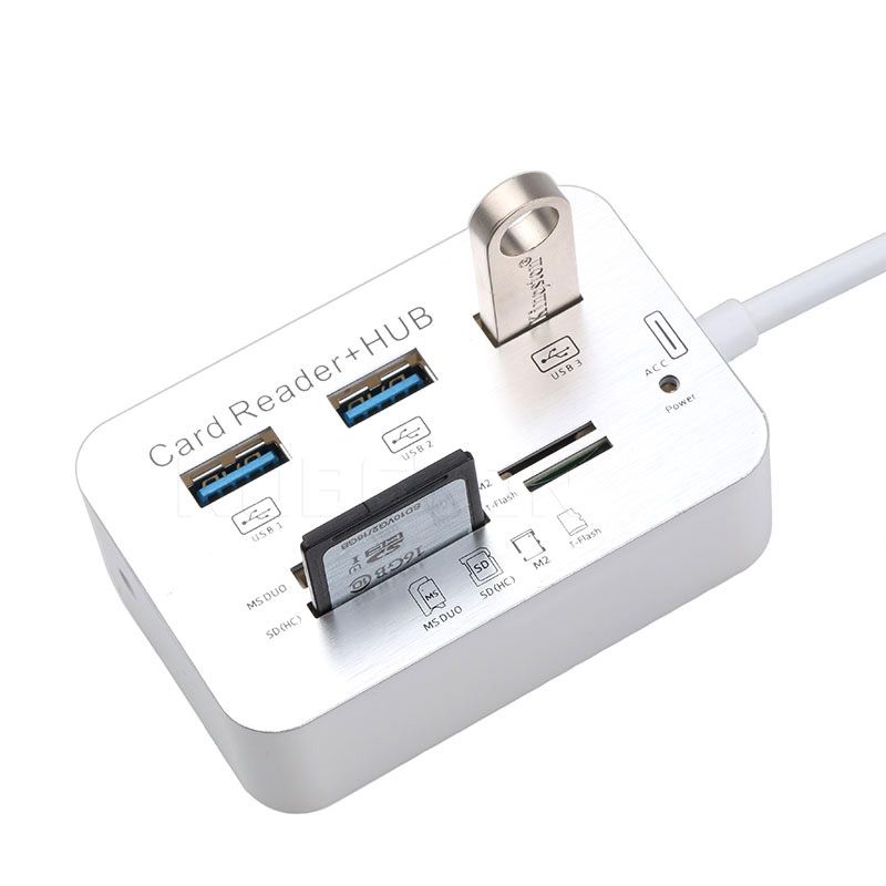 USB 3.1 Type-C COMBO 3 Ports HUB + MS DUO / SD(HC) / M2 / T-Flash Card Reader With LED Indication(Silver)