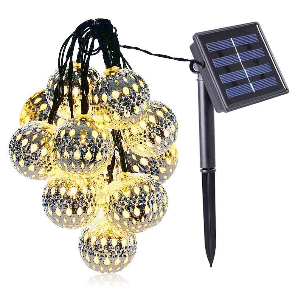 Waterproof String Lights Lamp 10 LED Solar Powered Fairy Light Moroccan Lantern Silver Metal Globe