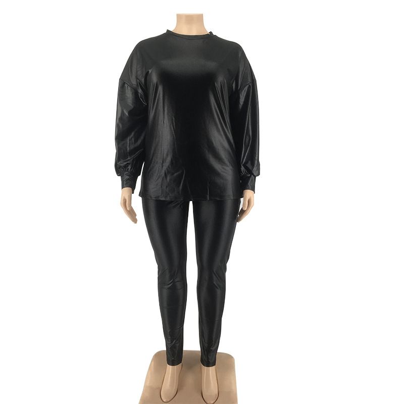 New Plus Size Clothing 5xl Two Piece Outfits Women Leather Pu Top And Pants
