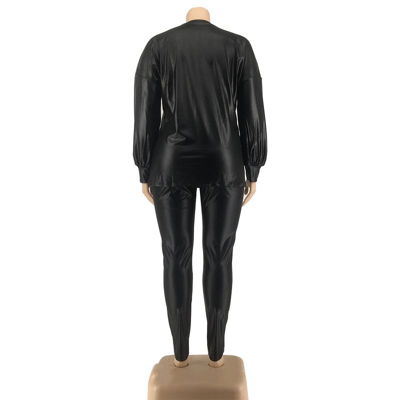 New Plus Size Clothing 5xl Two Piece Outfits Women Leather Pu Top And Pants