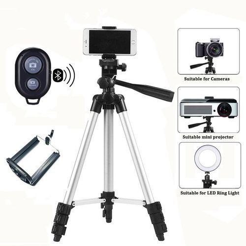 Phone Adjustable Tripod Stand Holder Clip Set - Silver