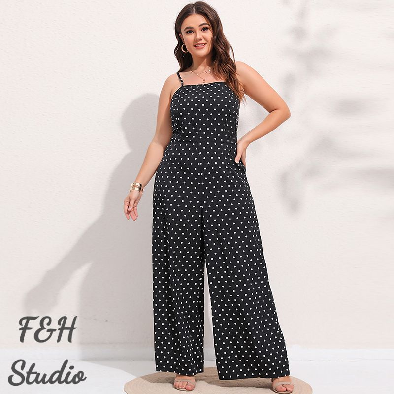 3566 L-4XL Plus Size Polka Dot Jumpsuit With Curves Navy