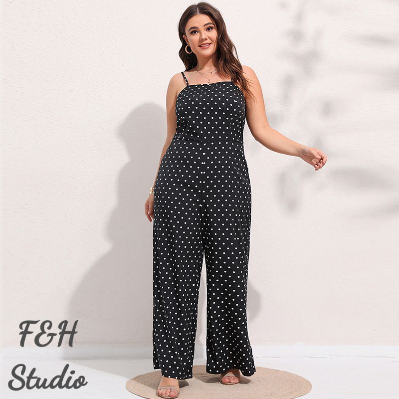 3566 L-4XL Plus Size Polka Dot Jumpsuit With Curves Navy