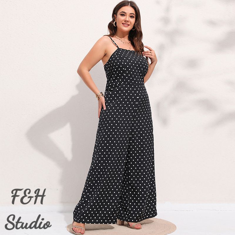 3566 L-4XL Plus Size Polka Dot Jumpsuit With Curves Navy