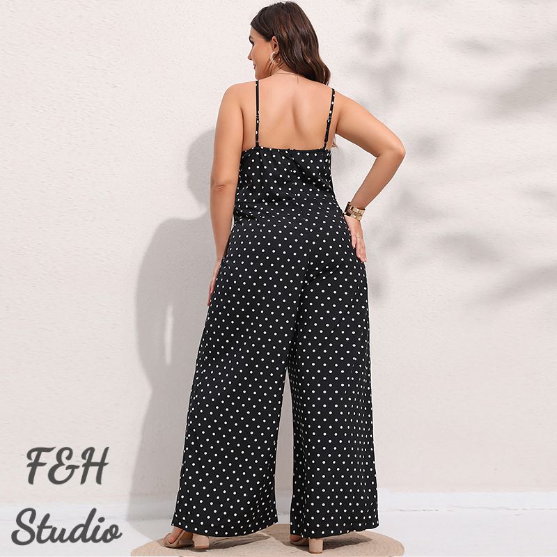 3566 L-4XL Plus Size Polka Dot Jumpsuit With Curves Navy