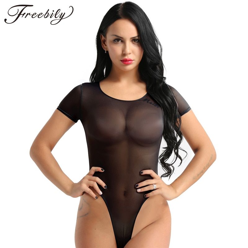 Womens One Piece Mesh See Through Sheer Teddy Short Sleeve High Cut Bodysuit Romper Bikini Thongs Swimsuit Jumpsuit(#Coffee)