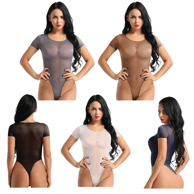 Womens One Piece Mesh See Through Sheer Teddy Short Sleeve High Cut Bodysuit Romper Bikini Thongs Swimsuit Jumpsuit(#Coffee)