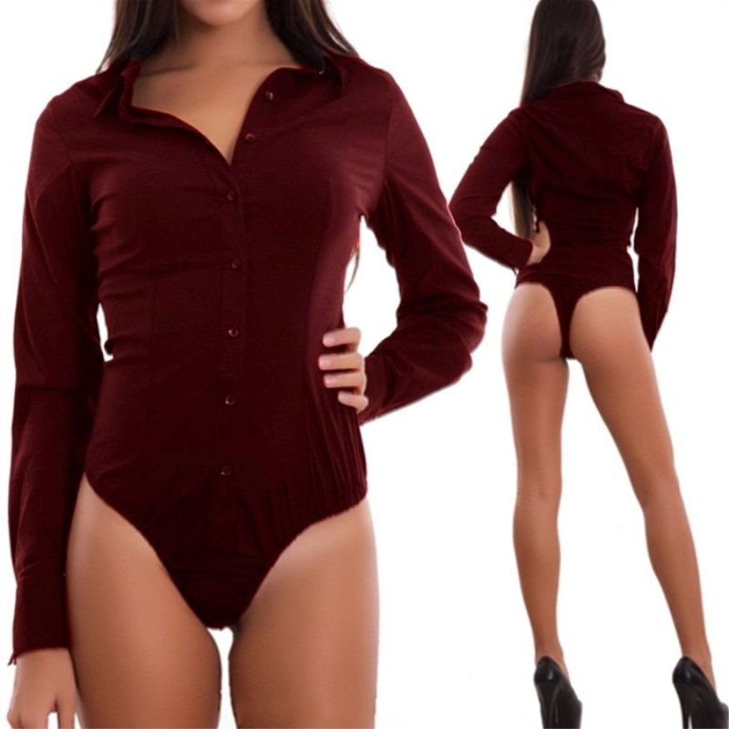 Women Bodysuits Long Sleeve V Neck Office Lady Shirts Body Tops Jumpsuit Autumn Solid Bodycon Button Bodysuits(#White)