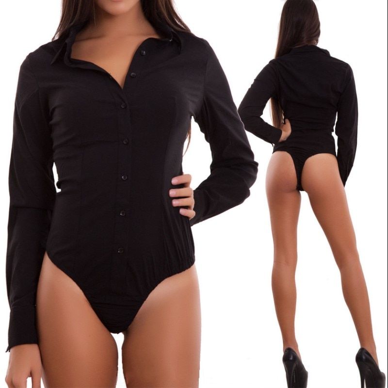 Women Bodysuits Long Sleeve V Neck Office Lady Shirts Body Tops Jumpsuit Autumn Solid Bodycon Button Bodysuits(#White)