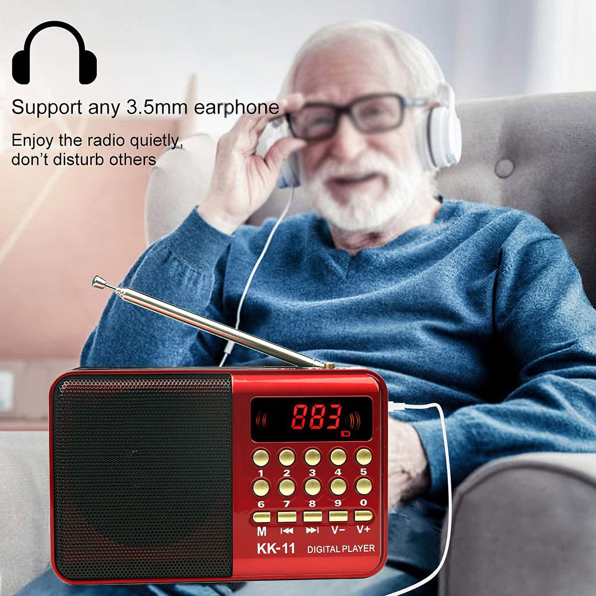Portable Radio AM FM Pocket Radio Shortwave FM Speaker Transistor Receiver TF Card USB REC Recorder Sleep Time Battery Powered