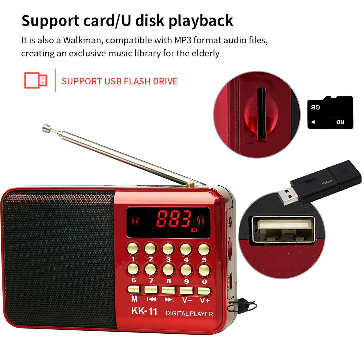 Portable Radio AM FM Pocket Radio Shortwave FM Speaker Transistor Receiver TF Card USB REC Recorder Sleep Time Battery Powered