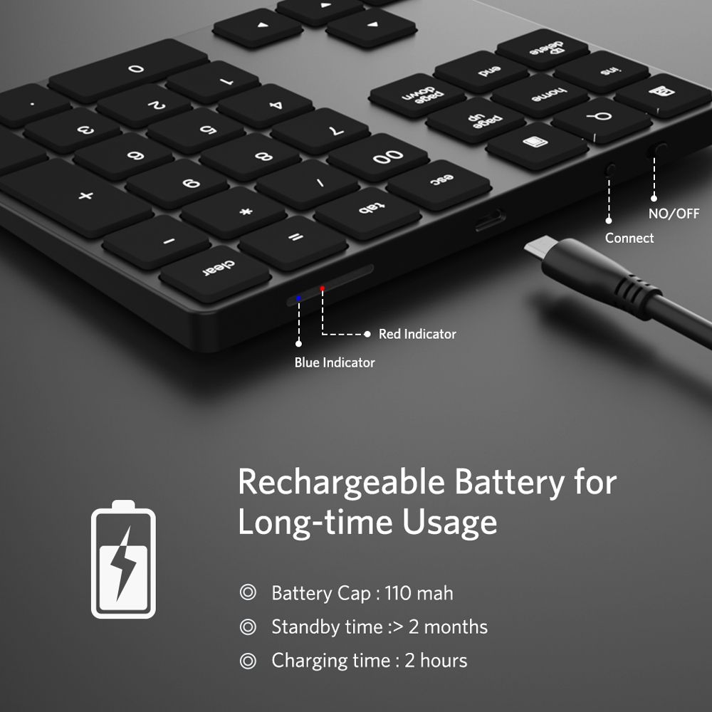 Wireless Numeric Keyboard Aluminium 34 Key BT Keyboard