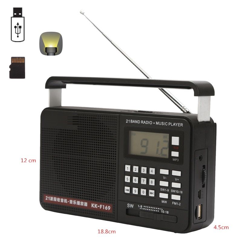 Rechargeable Portable 21 Bands Radio Receiver Fm/AM/SW1-18 Radio Tabletop Radio Music Player Support USB Disk SD Card MP3  Files