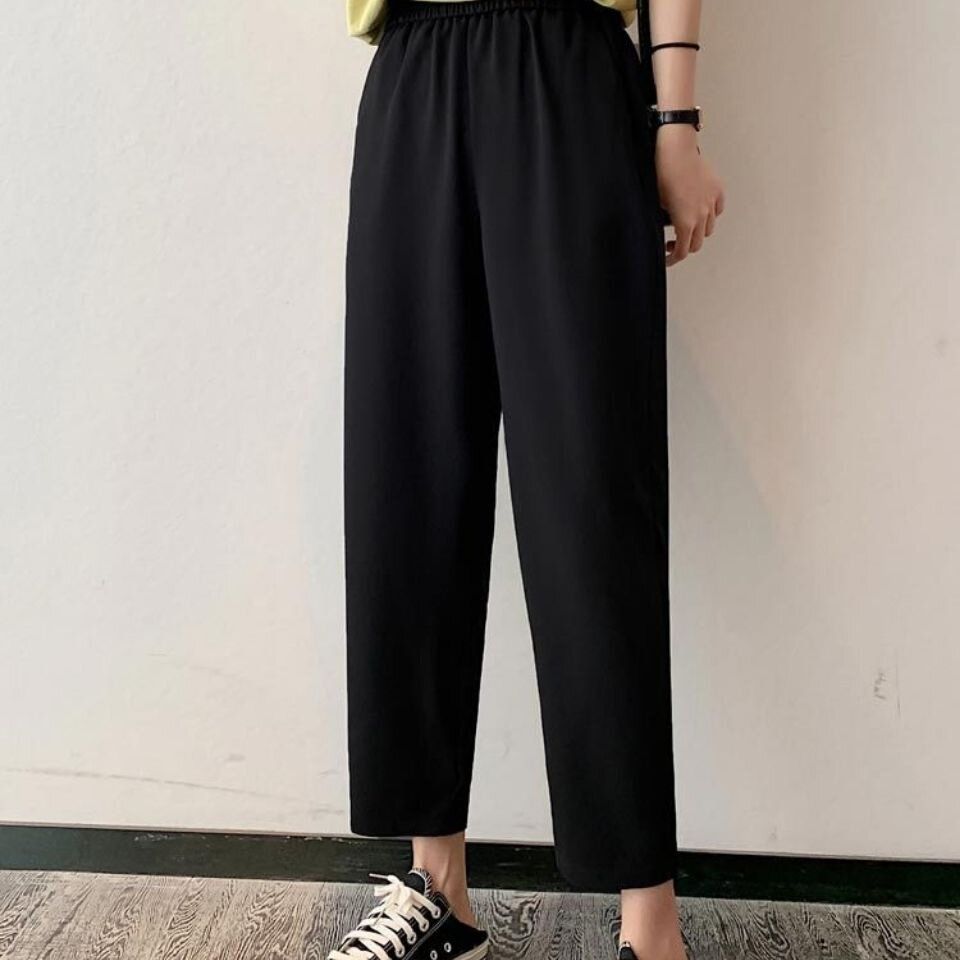 (Black)Plus Size Women's Elastic Waist All Matching Pants Solid Color Ladies' Slim Black Grey Office-wear  Ankle Pants SAB