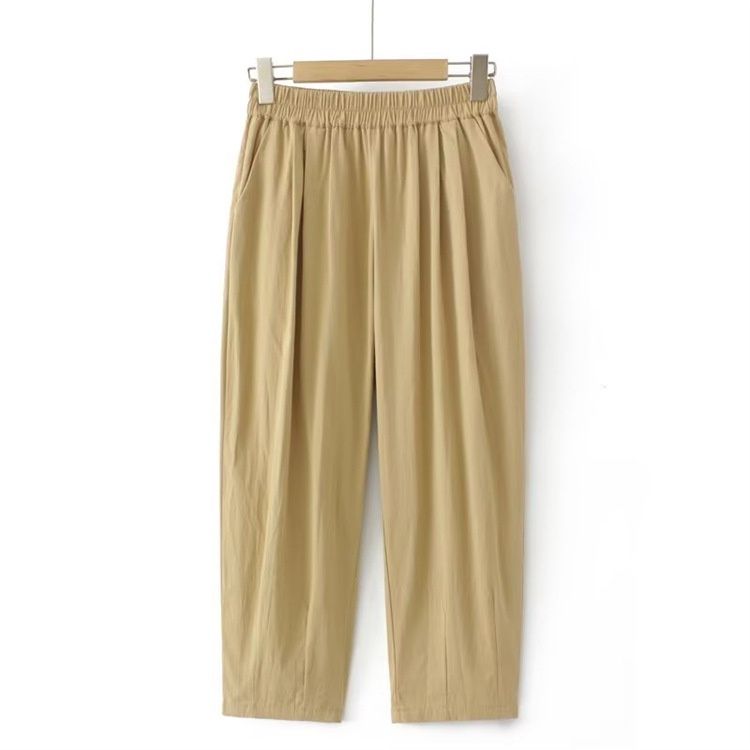 (Khaki)Plus Size XL-4XL Women's Elastic Waist Full Cotton Spring Summer Pants Solid Color Female Harem Trousers SAB