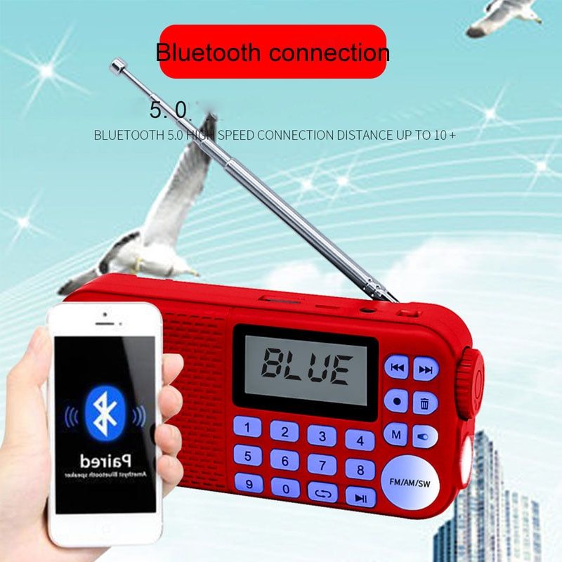 Portable FM AM SW Radio Receiver Bluetooth Speaker MP3 Music Player With LED Flashlight Support TF Card USB AUX Recording Delete