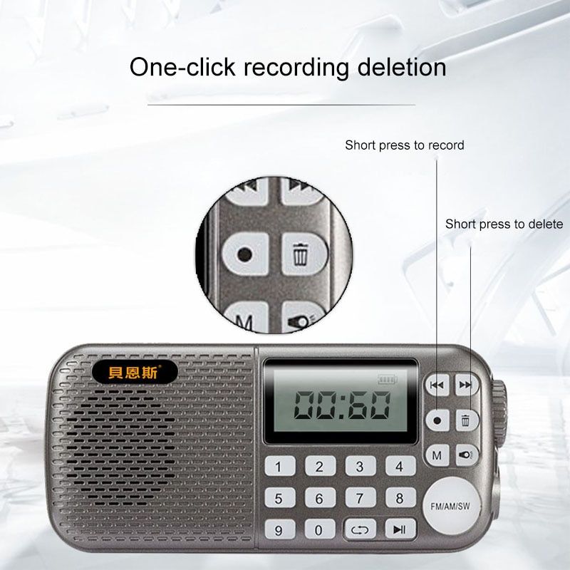 Portable FM AM SW Radio Receiver Bluetooth Speaker MP3 Music Player With LED Flashlight Support TF Card USB AUX Recording Delete