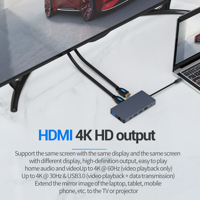 Blueendless 12 In 1 Hub Docking Station Adapter With USB 3.0 * 2 / USB 2.0 / 100W Type- PD / Dual 4K HD Displayport / 1080P VGA / RJ45 Internet / 3.5mm Audio Jack / Memory Card Readers