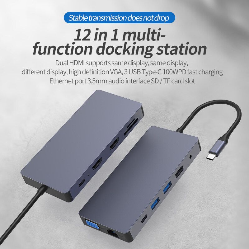 Blueendless 12 In 1 Hub Docking Station Adapter With USB 3.0 * 2 / USB 2.0 / 100W Type- PD / Dual 4K HD Displayport / 1080P VGA / RJ45 Internet / 3.5mm Audio Jack / Memory Card Readers
