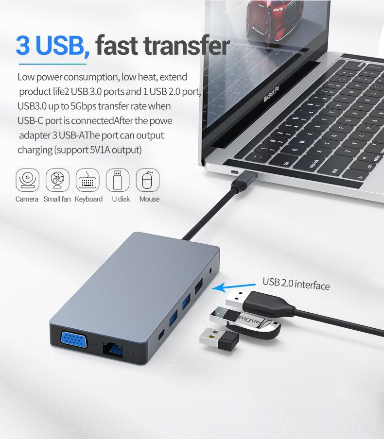 Blueendless 12 In 1 Hub Docking Station Adapter With USB 3.0 * 2 / USB 2.0 / 100W Type- PD / Dual 4K HD Displayport / 1080P VGA / RJ45 Internet / 3.5mm Audio Jack / Memory Card Readers