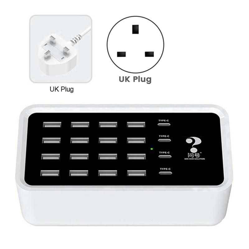 WIN HOW SOLUTION 120W TYPE-C USB Charging Station 20 Port Universal Model Desktop USB Charger for Smart Phone with UK Plug