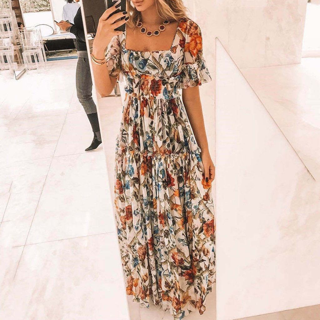 Summer Beach Dress Women Casual Short Sleeve Square Collar Elastic Waist High Waist Bohemian Floral Print Maxi Dress 2021