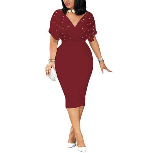 Summer Dress Sexy V Neck Tunic High Waist Beading Short Sleeve Ladies Red White Bodycon Plus Size Party Club Midi Dress