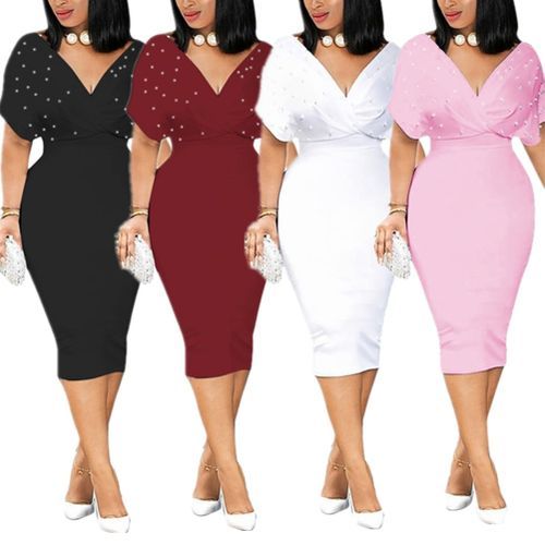 Summer Dress Sexy V Neck Tunic High Waist Beading Short Sleeve Ladies Red White Bodycon Plus Size Party Club Midi Dress