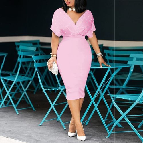 Summer Dress Sexy V Neck Tunic High Waist Beading Short Sleeve Ladies Red White Bodycon Plus Size Party Club Midi Dress