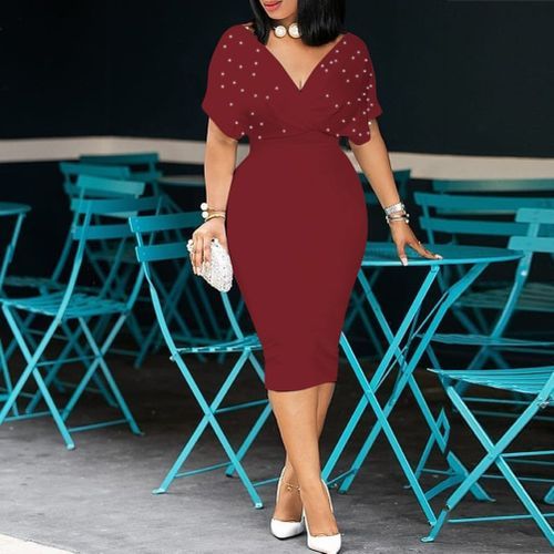 Summer Dress Sexy V Neck Tunic High Waist Beading Short Sleeve Ladies Red White Bodycon Plus Size Party Club Midi Dress