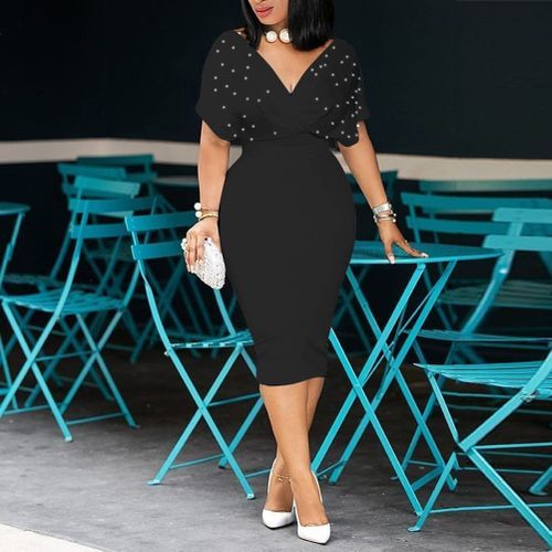 Summer Dress Sexy V Neck Tunic High Waist Beading Short Sleeve Ladies Red White Bodycon Plus Size Party Club Midi Dress