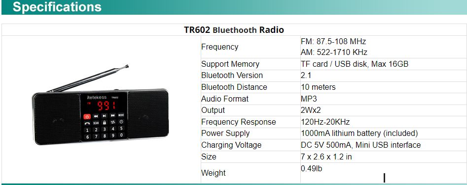TR602 Digital Portable Radio AM FM Bluetooth Speaker Stereo MP3 Player