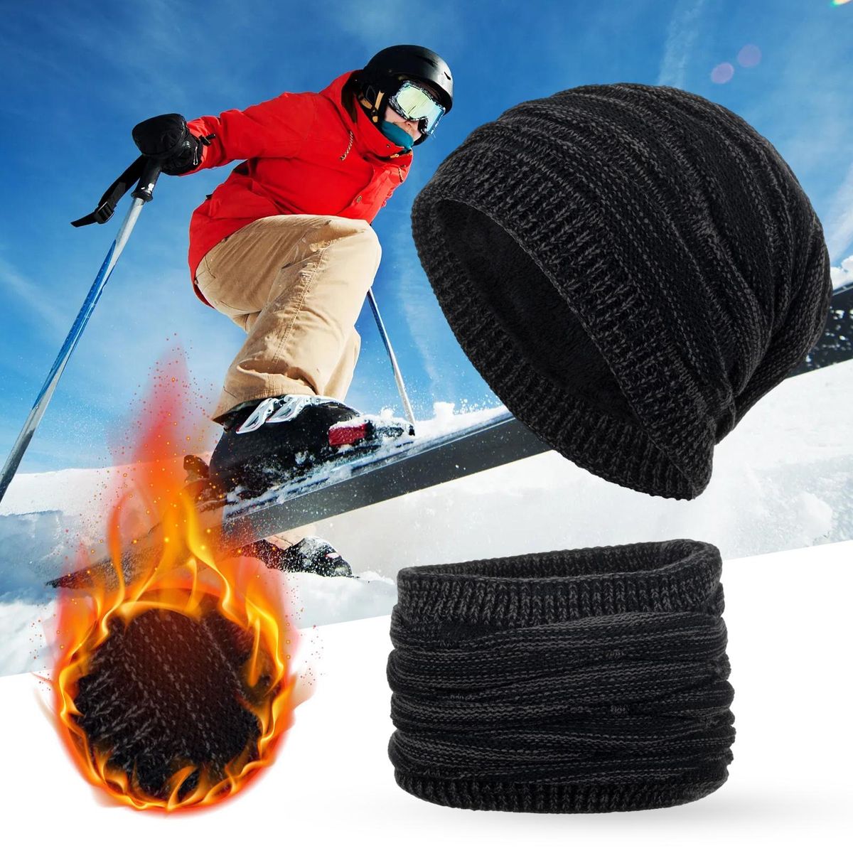 2PcsSet Knit Hat Neck Warmer Fall Winter Female Male Knit Cap Scarf Kit Black
