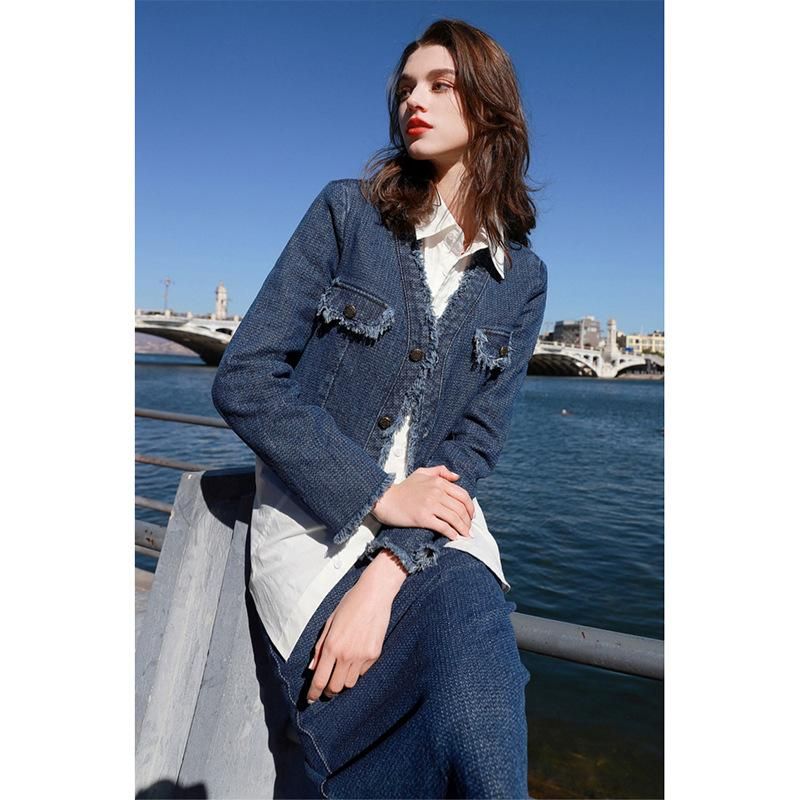 2023 Spring New Two Piece Set Small Fragrant Denim Short Coat Half Skirt for Women D381C2023600