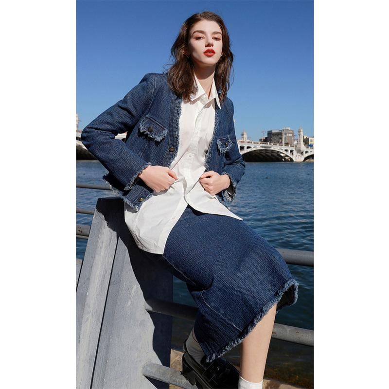 2023 Spring New Two Piece Set Small Fragrant Denim Short Coat Half Skirt for Women D381C2023600