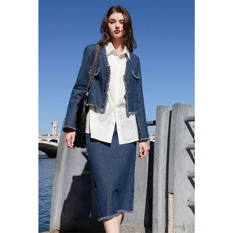 2023 Spring New Two Piece Set Small Fragrant Denim Short Coat Half Skirt for Women D381C2023600