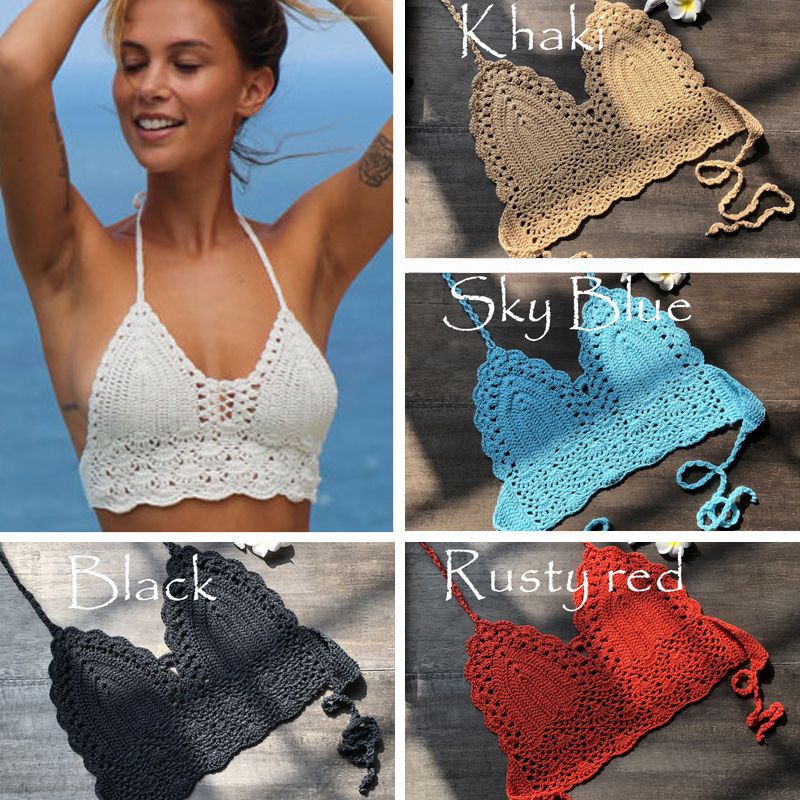 New Triangle Bikini Top Woman Hollow Out Swimsuit Crochet Bikini Top Swimming Bra Large Female Swimwear Beige KIP