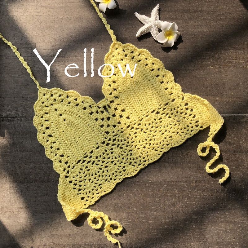 New Triangle Bikini Top Woman Hollow Out Swimsuit Crochet Bikini Top Swimming Bra Large Female Swimwear Beige KIP