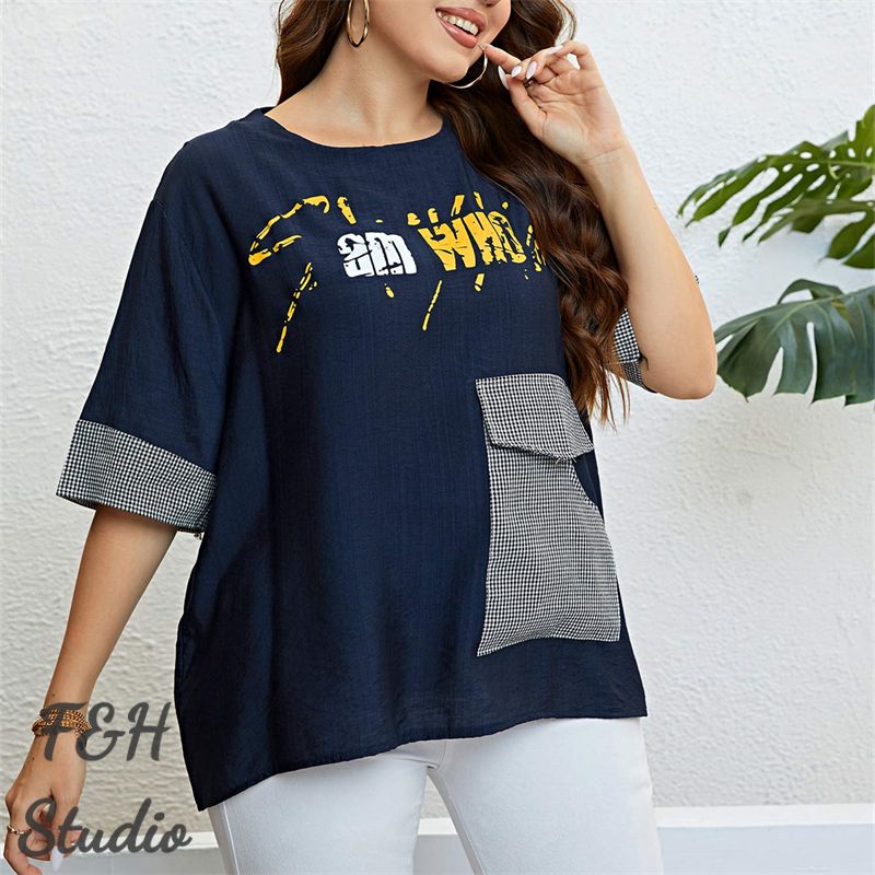 F&H 3324 XL-3XL Women Plus Size Checkered Pocket Summer Blouse Blue