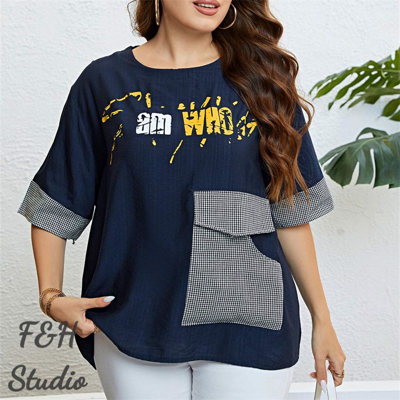 F&H 3324 XL-3XL Women Plus Size Checkered Pocket Summer Blouse Blue