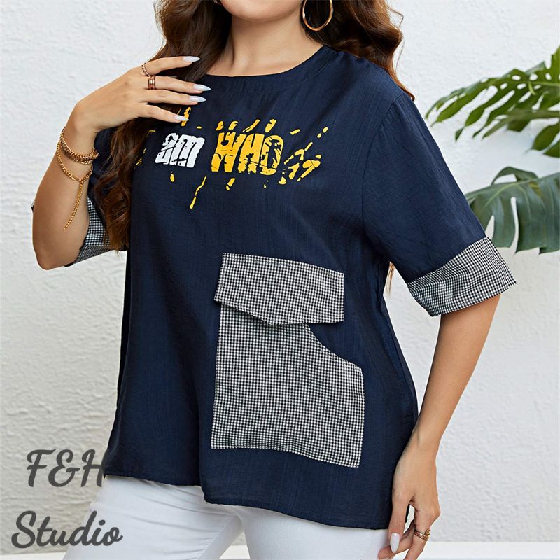 F&H 3324 XL-3XL Women Plus Size Checkered Pocket Summer Blouse Blue