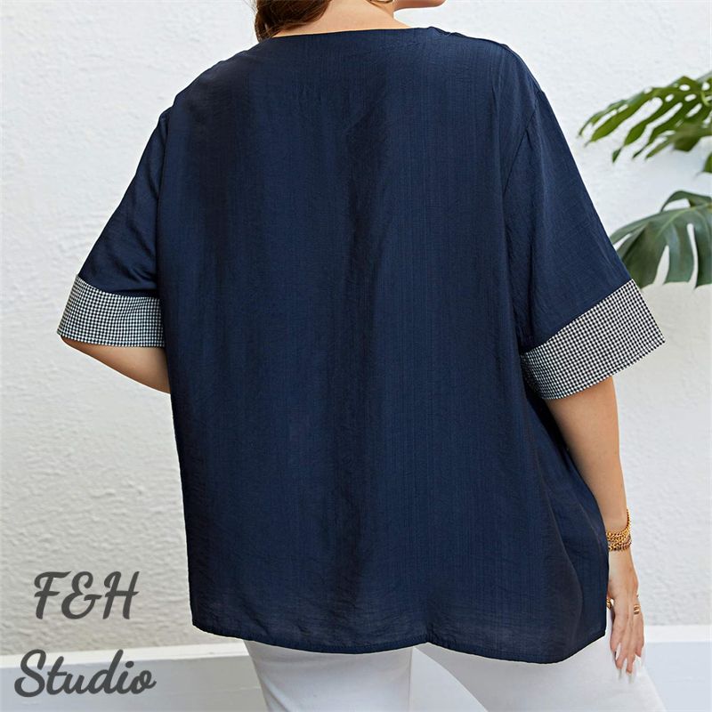 F&H 3324 XL-3XL Women Plus Size Checkered Pocket Summer Blouse Blue