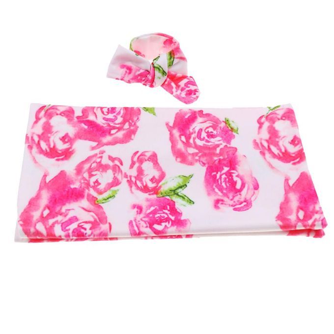 Baby Floral Swaddle Blanket Headband Set,Receiving Blanket