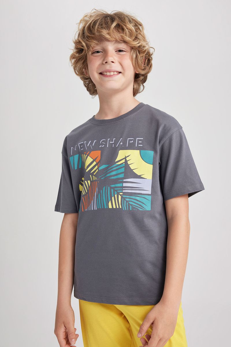 Boy Casual Oversize Fit Crew Neck Knitted Short Sleeve T-Shirt - Grey
