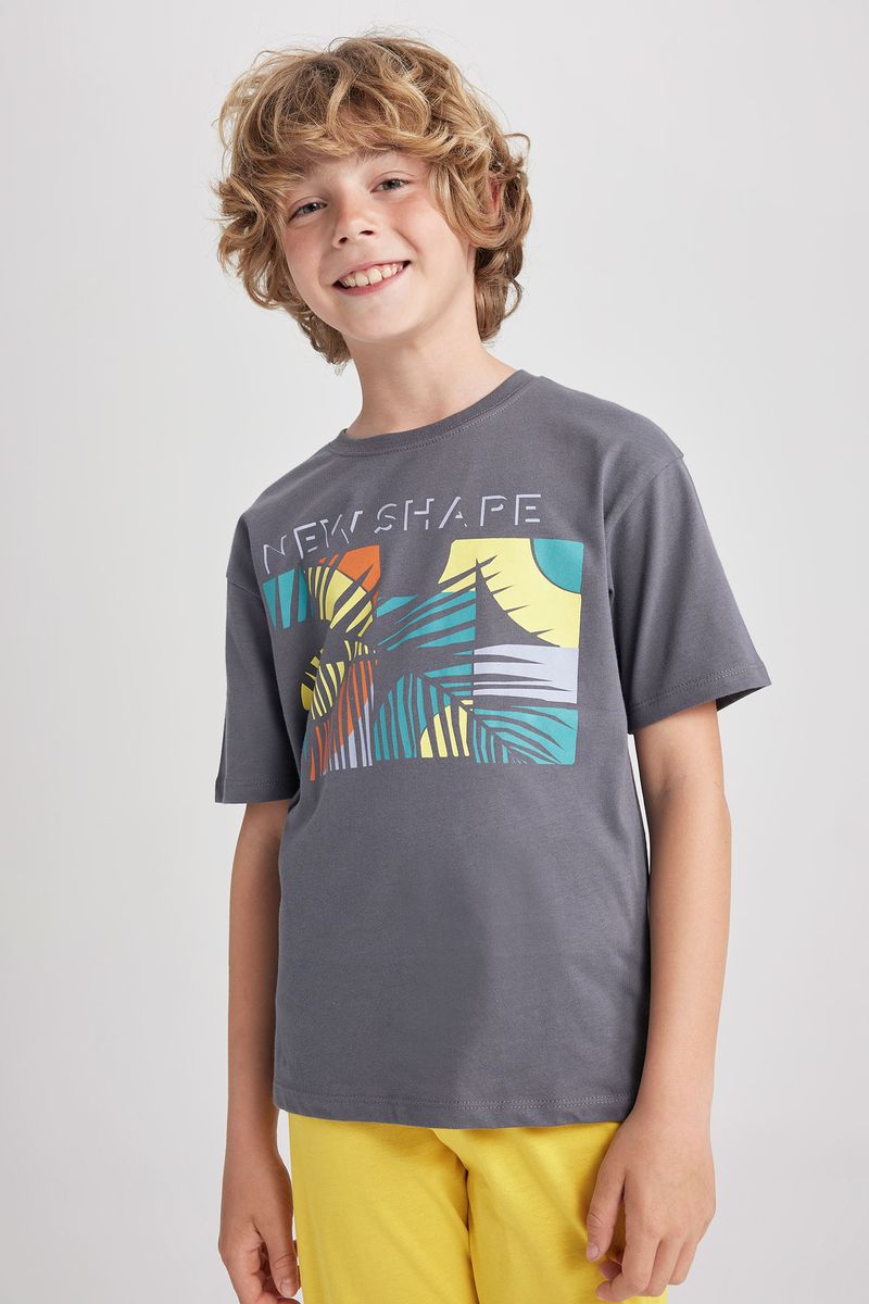 Boy Casual Oversize Fit Crew Neck Knitted Short Sleeve T-Shirt - Grey