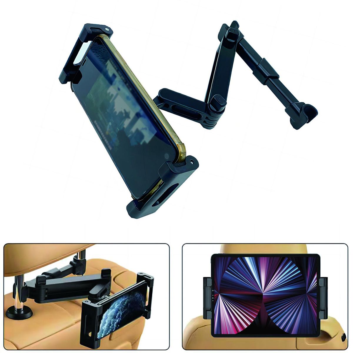 Car Mount Adjustable Clip Car Rear Pillow Phone Holder Black