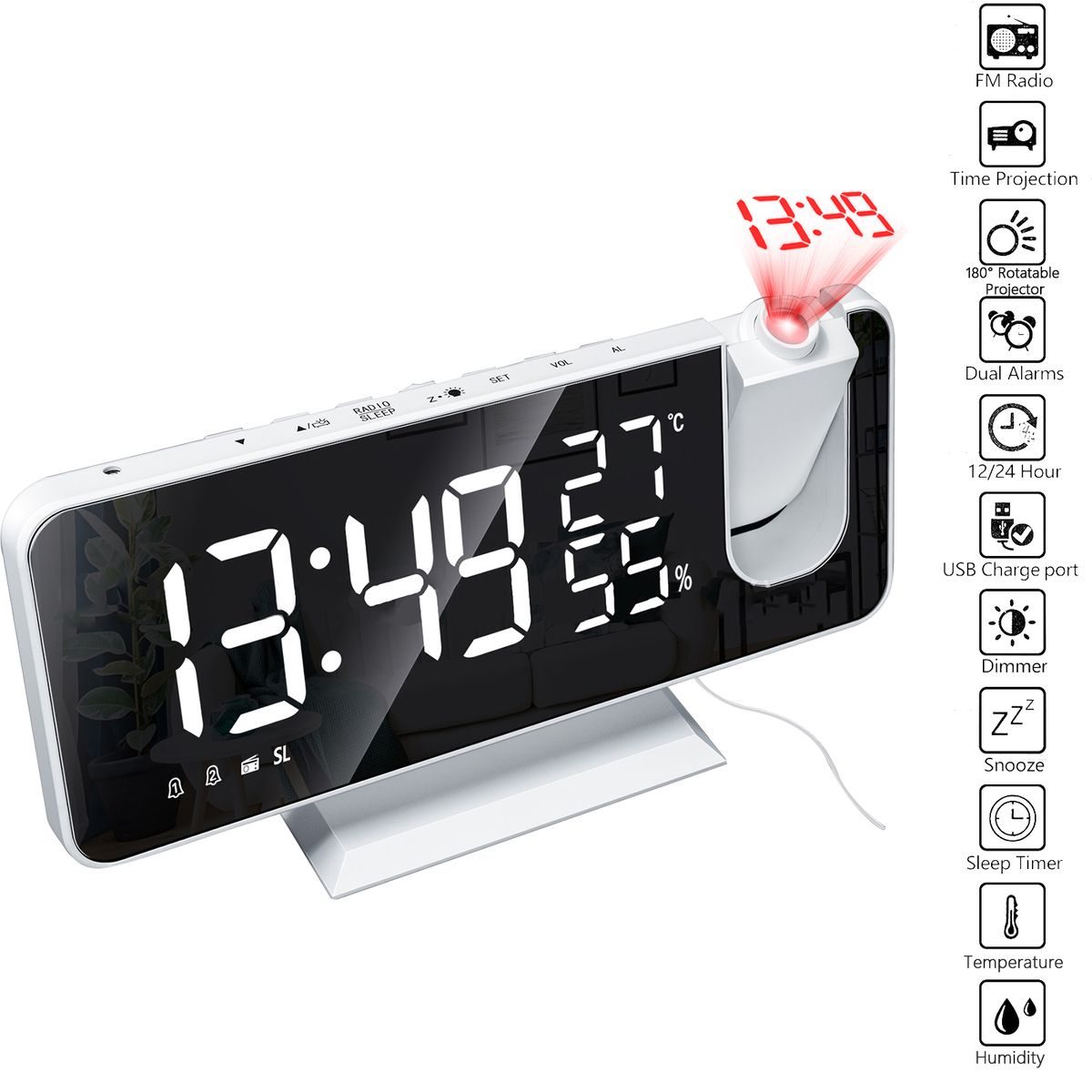 Digital Projection Alarm Clock With Mirror Surface 4-in-1