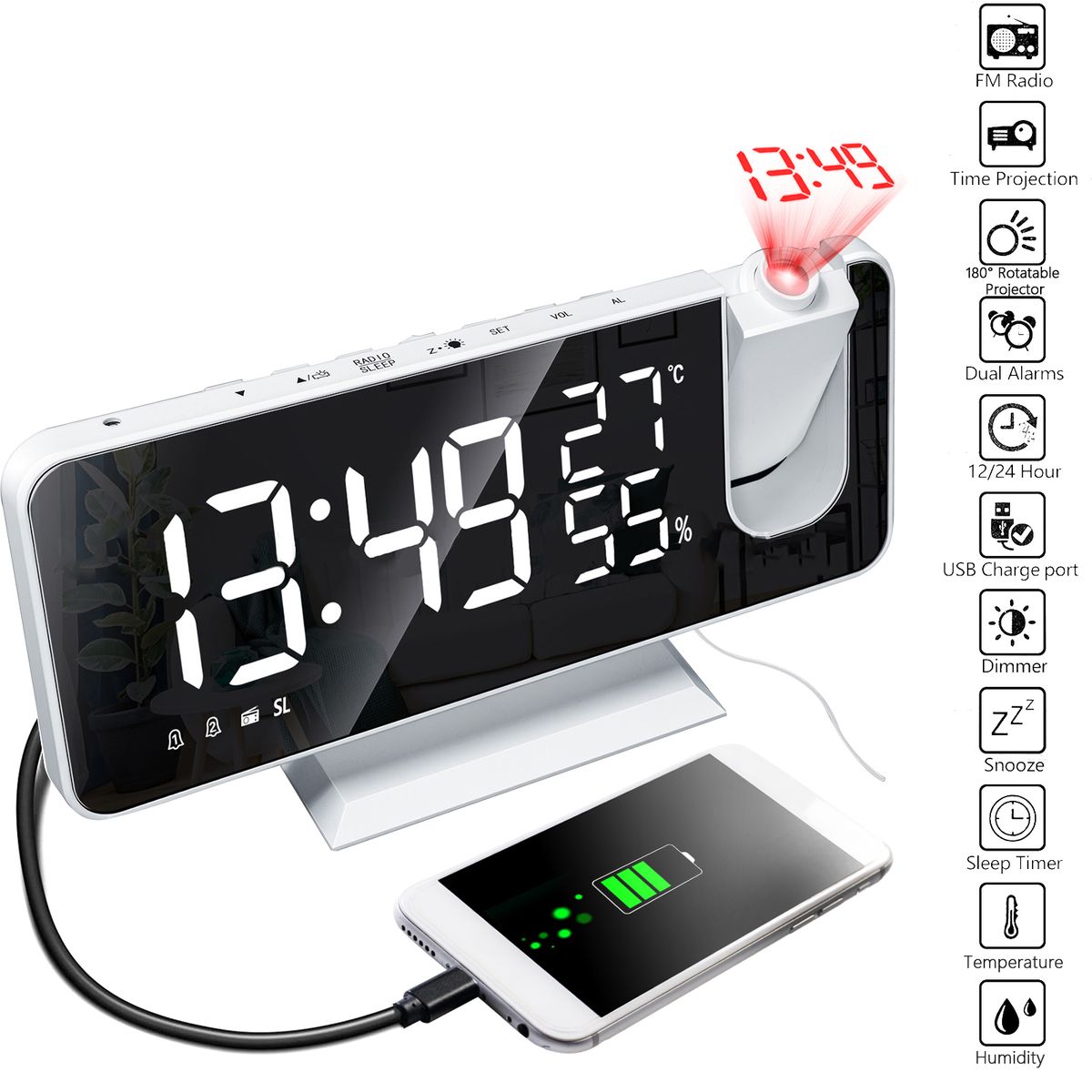 Digital Projection Alarm Clock With Mirror Surface 4-in-1