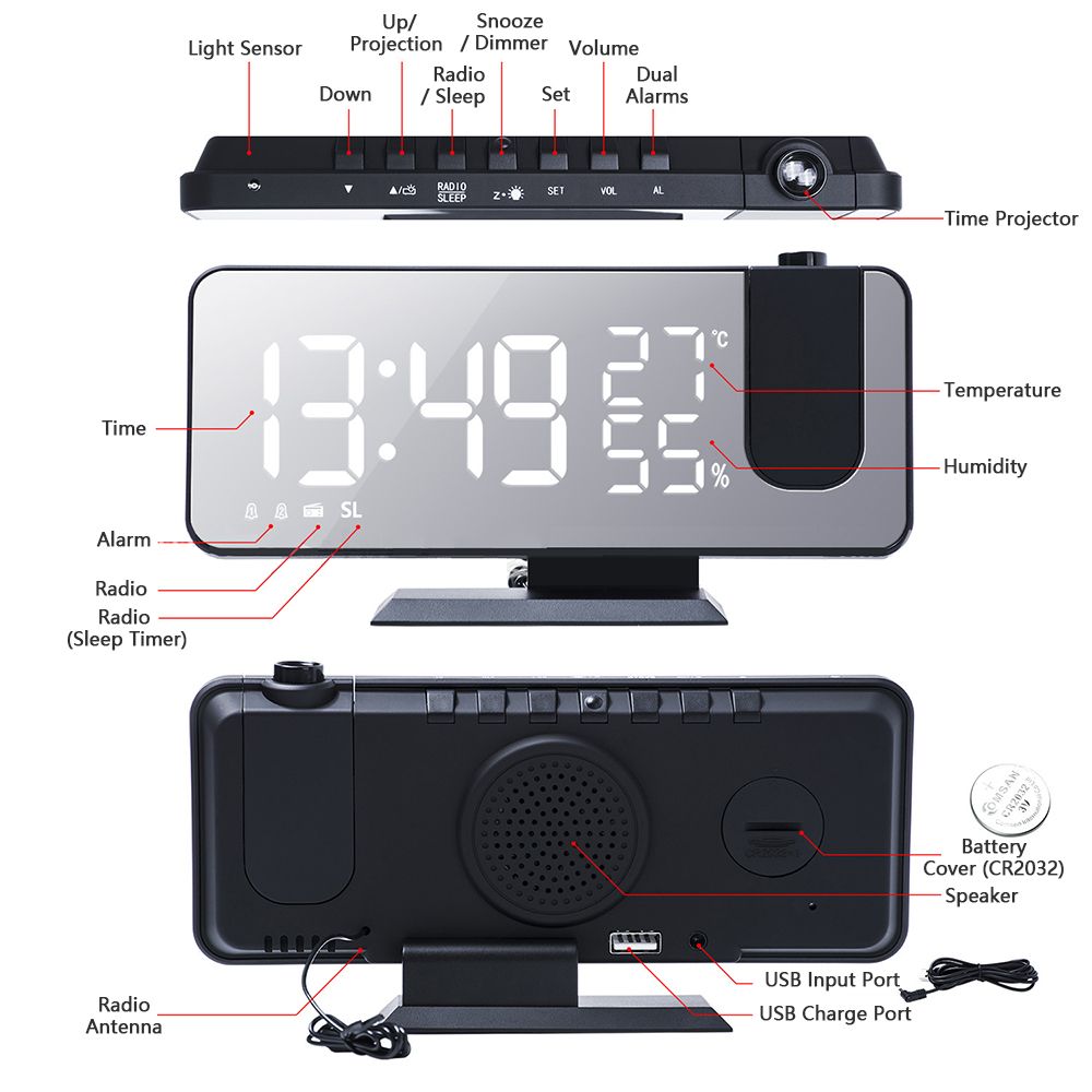 Digital Projection Alarm Clock With Mirror Surface 4-in-1
