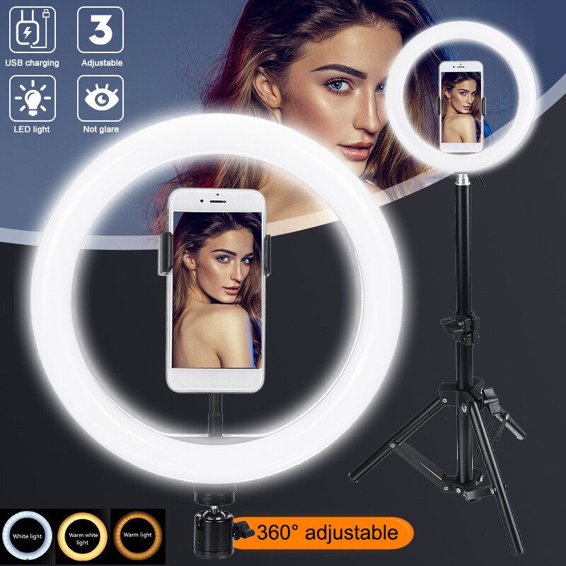 10/12/30 Inch Portable Selfie LED Ring Light With Tripod Stand & Cell Phone Holder & Remote Control Dimmable Photography Studio Phone Holder Selfie Lamps For Makeup Video Live Vlog Type C
